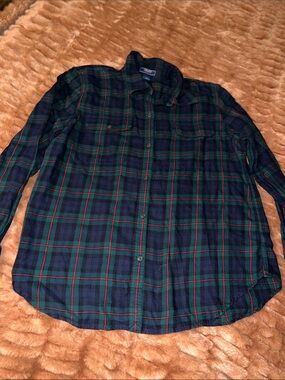 Chaps Dark Green & Navy Plaid Button-Down Shirt